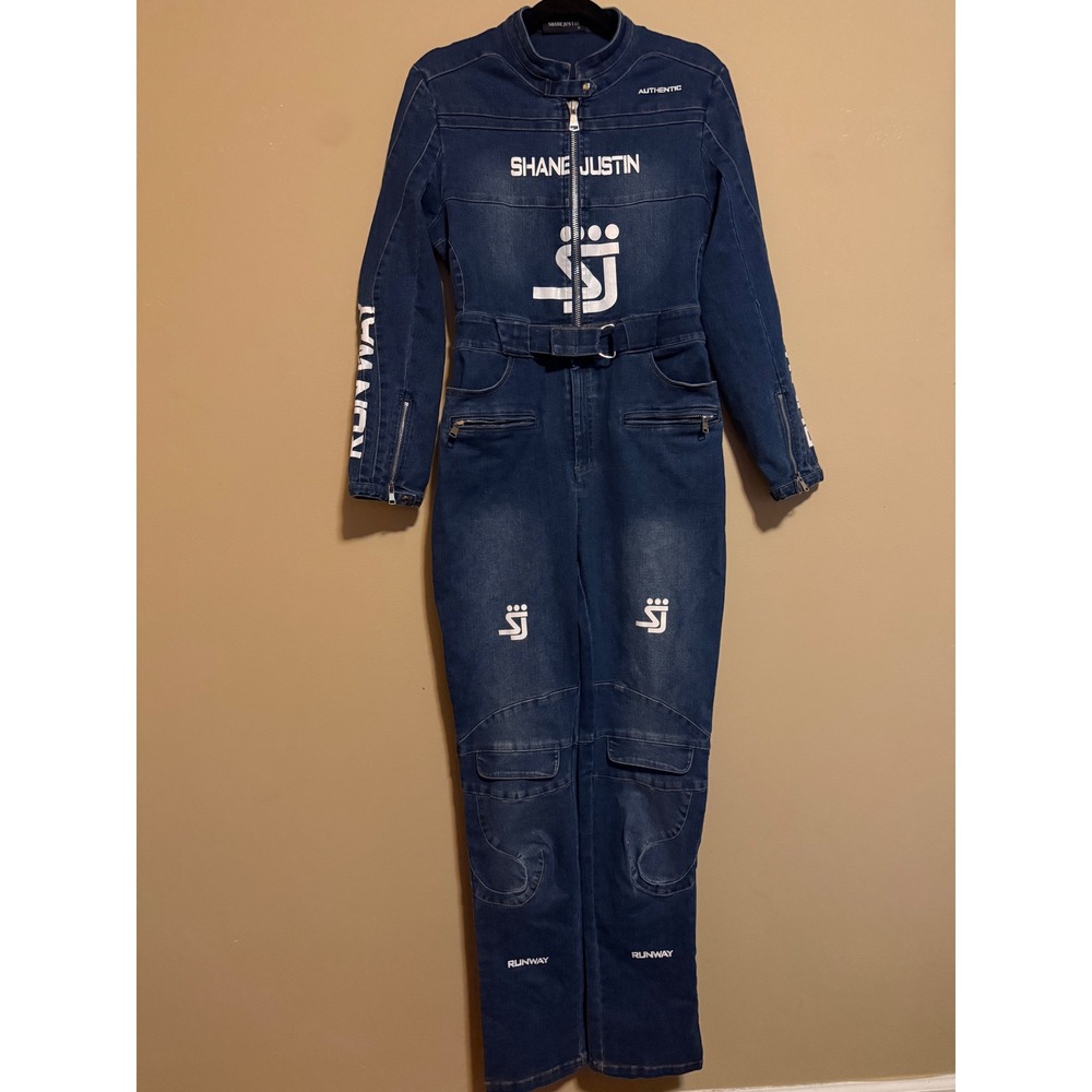 Shane Justin Runway Denim Jumpsuit Blue Graphic Moto Zip Front Belted M Festival